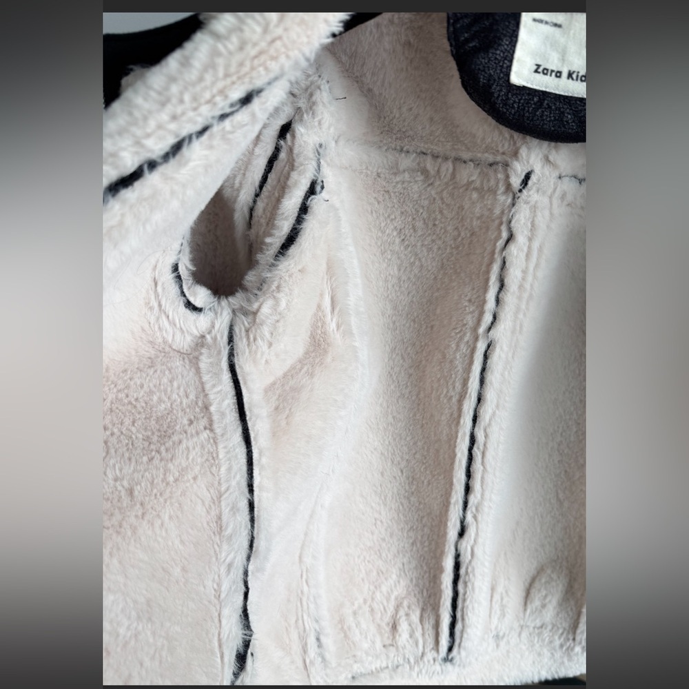 Zara Kids Black Faux Leather Aviator Moto Jacket Size 8 128cm Sherpa Lined - Picture 7 of 13